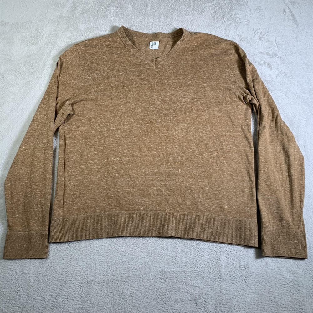 GAP Sweater Mens Large Heather Brown V Neck Long Sleeve Cotton Blend Lightweight